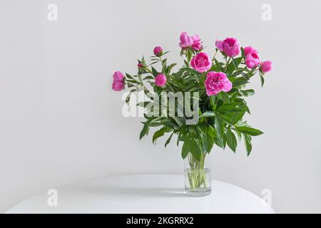 Studio shot di vaso con peonie rosa fioritura in piedi contro parete bianca Foto Stock