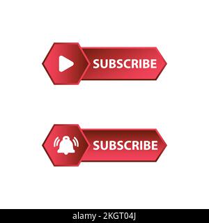 Pulsante di sottoscrizione rosso nell'illustrazione vettoriale di stile piatto, pulsante di sottoscrizione metallico con sfondo di colore rosso e icona a campana illustrazione vettoriale. Illustrazione Vettoriale