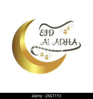 Festa musulmana Happy Eid al Adha. Disegno calligrafico EID al Adha con decorazioni arabesche dorate, vettore di luna dorata. Illustrazione Vettoriale