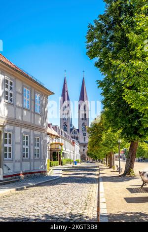 Germania, Sassonia-Anhalt, Halberstadt, Cobblestone Street con la Cattedrale di Halberstadt sullo sfondo Foto Stock