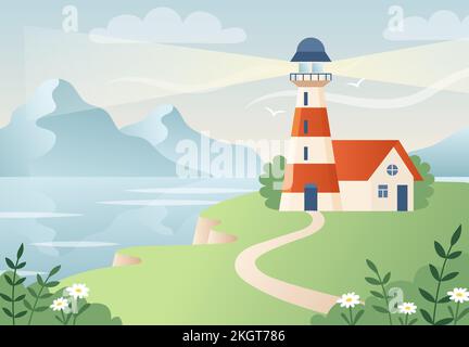 Paesaggio con faro, paesaggio estivo di costa oceanica con montagne. Illustrazione vettoriale in stile cartoon piatto Illustrazione Vettoriale