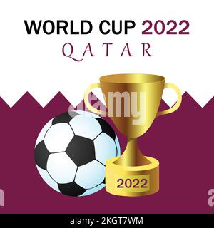 Coppa di calcio con elementi bandiera Qatar isolati su sfondo bianco. Concetto di coppa del mondo di calcio. 2022 Qatar Football World Cup Concept design con un winn Illustrazione Vettoriale