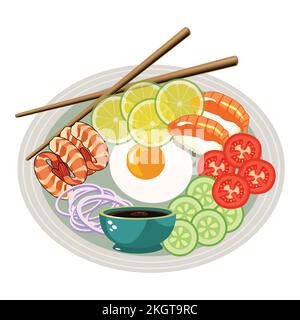 Illustrazione del vettore di cibo asiatico con insalata. Cucina asiatica con salsa di soia e sushi. Insalata verde di verdure e cipolla. Illustrazione Vettoriale