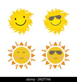 Sole carino con viso sorridente e occhiali da sole freschi. Adesivo solare di forma rotonda e colore giallo. Il sole che esce dal disegno del vettore del sole. Vettore Sun Illustrazione Vettoriale