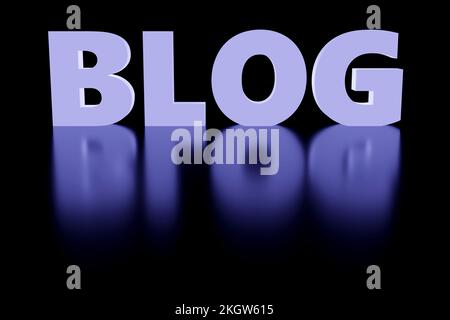 Blog di lusso in vetro scritto sul podio nero, luce soffusa, vista frontale sfondo liscio, rendering 3D Foto Stock