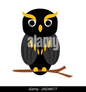 Halloween pauroso-affrontato gufo design su uno sfondo bianco. Illustrazione del vettore di gufo di Halloween con tonalità di colore nero scuro e giallo. Pauroso gufo di Halloween Illustrazione Vettoriale