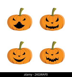 Design in zucca di Halloween con colori nero e giallo. Collezione di lanterne di zucca spaventosa su sfondo bianco per Halloween. vecto spettrale Illustrazione Vettoriale