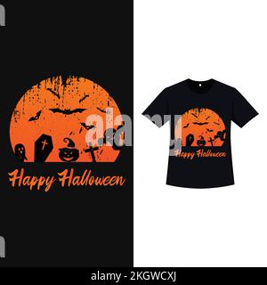 T-shirt di Halloween con colore vintage e fantasma spaventoso. Elemento stregato silhouette design con lanterna di zucca, segno cristiano, fantasma, bara, et Illustrazione Vettoriale