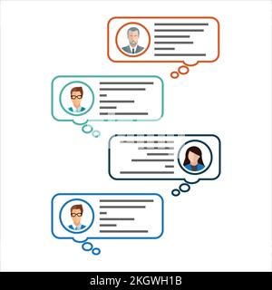 Progettazione della conversazione testuale di base. Illustrazione di chatbot. Progettazione di messaggi con fumetti di testo fluttuanti. Messaggio aziendale vecto Illustrazione Vettoriale