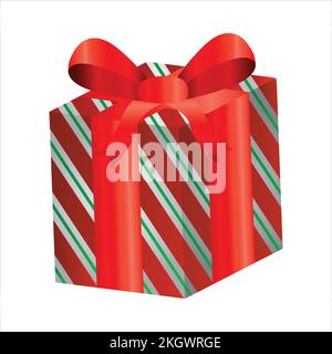Disegno vettoriale del regalo di Natale su uno sfondo bianco. Confezione regalo rotonda con carta da imballaggio di colore rosso con strisce bianche e verdi e nastro di colore dorato Illustrazione Vettoriale