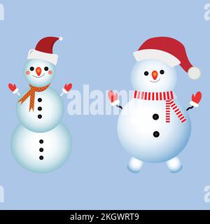 Elemento di design natalizio con due uomini di neve felici. Neve inverno design con viso sorridente, gambe, silenziatore da collo, ramo d'albero, guanti, cappello da neve e buto Illustrazione Vettoriale