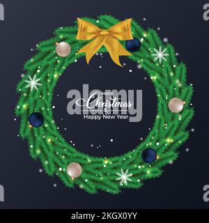 Disegno wreath verde di Natale con le sfere chiare di decorazione blu e bianche. Design wreath di colore verde con luci e fiocchi di neve. Corona di Natale desig Illustrazione Vettoriale