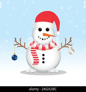 Pupazzo di neve di Natale con un cappello di Babbo Natale. Fondo innevato. Un pupazzo di neve con palle di decorazione. Design a elementi natalizi con decorazioni blu e bianche Illustrazione Vettoriale