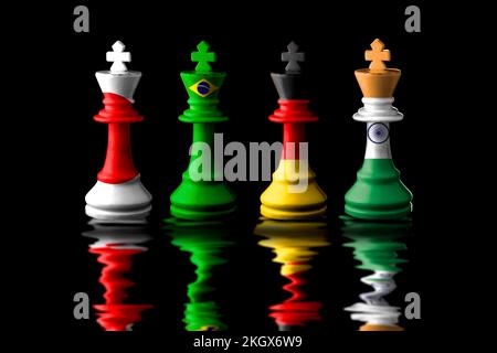 g4 bandiere di paesi dipingono sopra il re degli scacchi. Su sfondo nero.3D illustrazione Foto Stock