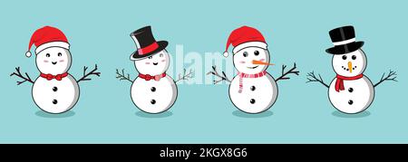 Pupazzo di neve natalizio con volti sorridenti e cappelli. Collezione piatta di pupazzi di neve su sfondo blu. Natale pupazzo di neve disegno piano con rami di albero, ma Illustrazione Vettoriale