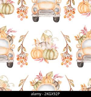 Motivo senza cuciture con trasporto acquerello, frutti di bosco e composizione floreale beige. Fiori da giardino disegnati a mano con zucche verdi e beige nel truc Foto Stock