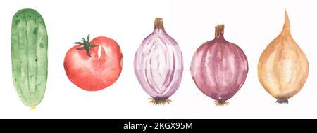 Acquerello insieme disegnato a mano di verdure. Illustrazione del cibo fresco. Cetriolo clipart, cipolla, pomodoro clip art. Foto Stock