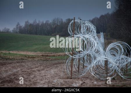 Zerdziny, Polonia. 10th Nov 2022. Le recinzioni sono viste vicino al punto di confine di tre paesi, dove i confini di Lituania, Polonia e l'esclamazione russa di Kaliningrad si intersecano vicino a Zerdziny, Polonia il 10 novembre 2022. (Foto di Jaap Arriens/Sipa USA) Credit: Sipa USA/Alamy Live News Foto Stock