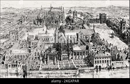 Ricostruzione dell'Abbazia e del Palazzo di Westminster nel 16th ° secolo Foto Stock