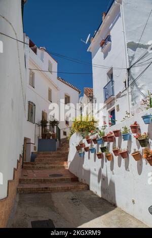 Una strada stretta con gradini nel villaggio di montagna di Ojén, Andalusia, Spagna, uno dei Pueblos Blancos sulla Costa del Sol. Foto Stock