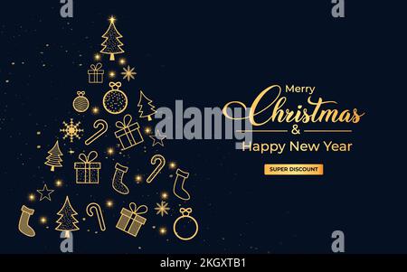 Buono regalo di Natale con elementi dorati. Albero di Natale con ornamenti dorati. Elementi dell'albero. Banner sui social media con elementi dorati al buio Illustrazione Vettoriale