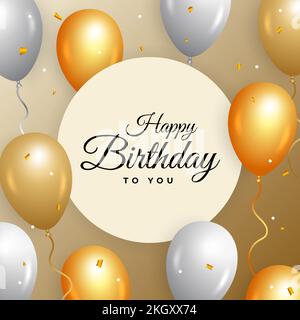 Buon compleanno sfondo dorato con confetti dorati. Buon compleanno con palloncini realistici. Buono regalo per la celebrazione del compleanno, palloncini realistici, gol Illustrazione Vettoriale