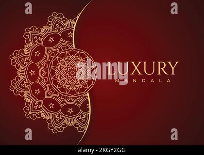 Ornamento di Mandala su sfondo rosso. Modello dorato. Carta regalo di lusso mandala dorata. Lussuoso motivo Mandala. Sfondo rosso. Uomo di lusso Illustrazione Vettoriale