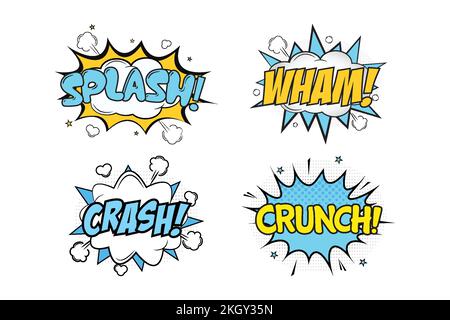 Splash Wham fumetto scoppiato con i colori bianco, blu e giallo. Crash Crunch esplosione comica con colori giallo, bianco e blu. Fumetti di testo per il carotaggio Illustrazione Vettoriale