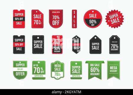 Super offerta vendita collezione di badge con colore verde, nero e rosso. Set di buoni sconto. Offerta speciale pacchetto di adesivi. Collezione di badge Super sale. Io Illustrazione Vettoriale