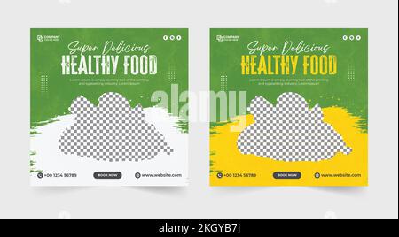 Cibo biologico sano social media post. Volantino Super Delicious Healthy food sale. Menu di cibi biologici naturali. Banner vendita verdure fresche. Vegeto biologico Illustrazione Vettoriale