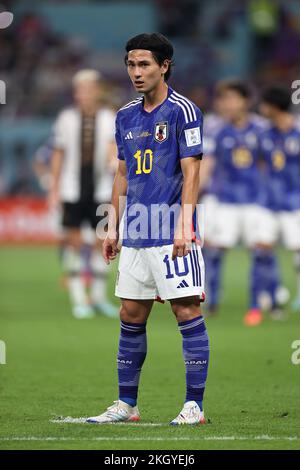 Al Rayyan, Qatar. 23rd novembre 2022; Khalifa International Stadium, al Rayyan, Qatar; Coppa del mondo FIFA Football, Germania contro Giappone; Takumi Minamin of Japan Credit: Action Plus Sports Images/Alamy Live News Foto Stock