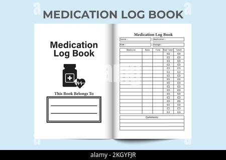 Farmaco interno del notebook KDP. Informazioni sulla medicina e modello di registro del time tracker. Modello per notebook interno KDP. Giornale del pianificatore del farmaco Illustrazione Vettoriale