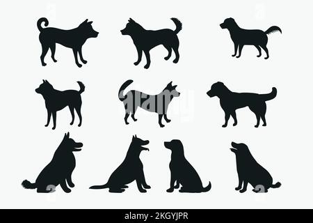 Collezione di silhouette per cani su sfondo bianco. Diversi tipi di cani razze silhouette collezione. Silhouette vecto con posizione seduta e eretta per cani Illustrazione Vettoriale