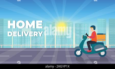 Concetto di servizio di consegna a domicilio con un addetto alla consegna che guida uno scooter. Illustrazione della consegna manuale in piano. Ordine online con edifici urbani e sole. Illustrazione Vettoriale