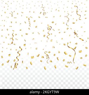 Vettore di confetti con nastro dorato per lo sfondo del festival. Coriandoli e nastro cadono fondo. Coriandoli dorati su sfondo trasparente. Evento A. Illustrazione Vettoriale