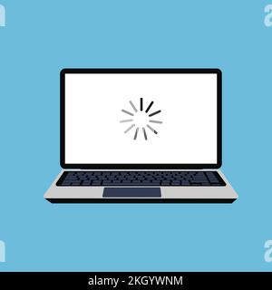 Schermo del laptop con un vettore di icone di caricamento. Caricamento dello schermo per aggiornamenti software o video. Icona di aggiornamento allineato che gira sullo schermo di un notebook. App per computer Illustrazione Vettoriale