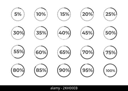 Set di diagrammi percentuali circolari per infografica in bianco e nero. Percentuale di contorno nero isolata su sfondo bianco. Cerchi divisi per percentuale. Illustrazione Vettoriale