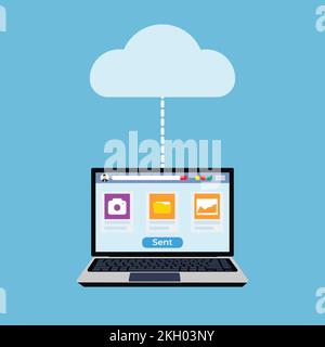 Concetto di trasferimento di file e informazioni su cloud storage. Concetto di server cloud e storage con un notebook che condivide file. Icona del file immagine e della fotocamera Illustrazione Vettoriale