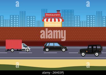 Veicolo che si muove su una strada urbana con vettore ristorante di strada. Auto su uno sfondo urbano e muro di mattoni illustrazione. Ristoranti e negozi della città Illustrazione Vettoriale