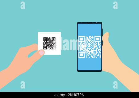 Scansione del codice QR all'interno del vettore mobile Concept. Tenere in mano uno smartphone e eseguire la scansione del codice QR. Scansione mobile del codice QR per il pagamento o informazioni, dig Illustrazione Vettoriale