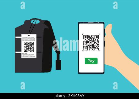 Concetto di pagamento online mediante la scansione del codice QR in un vettore smartphone. Design piatto di un codice QR informazioni di pagamento e una mano che tiene un cellulare. Scansione Illustrazione Vettoriale