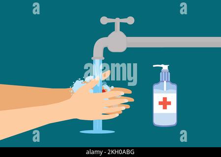Uso di sapone liquido antibatterico per prevenire i germi e coronavirus in mano. L'uomo si lava le mani con acqua di rubinetto e sapone vettore. Utilizzando l'igienizzatore per le mani t Illustrazione Vettoriale