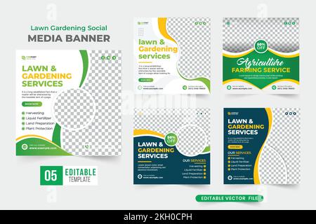 Prato giardinaggio social media banner raccolta modello. Design del set di volantini per l'assistenza agricola. Pubblicità per il servizio di giardinaggio e rasaerba Illustrazione Vettoriale