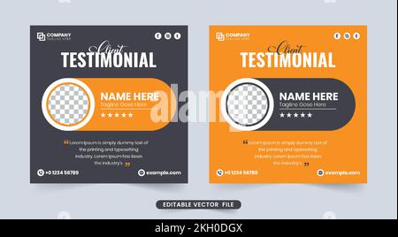 Feedback dei clienti Design testimonial con colori scuri e arancioni. Moderno vettore di layout per la revisione dei clienti con spazio per le virgolette. Testimonianza e recensione del cliente Illustrazione Vettoriale