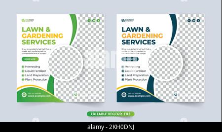 Rasaerba e banner social media per il servizio di giardinaggio. Piantagione di alberi e disegno di modello di pubblicità di architettura paesaggistica con colore verde e blu. Giardino Illustrazione Vettoriale