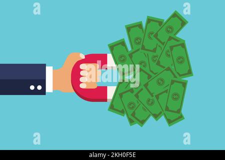 Uomo d'affari che tira denaro utilizzando un magnete. Guadagnare denaro e strategia aziendale per guadagnare denaro concetto vettore. Un magnete attrae i soldi molto con a. Illustrazione Vettoriale