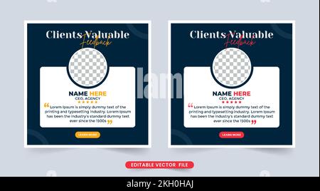 Vettore di layout per il feedback del servizio clienti e la revisione del lavoro. Testimonianze dei clienti aziendali con segnaposto per foto e preventivi. Revisione del feedback del cliente o t Illustrazione Vettoriale
