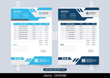 Modello professionale di fattura aziendale con sfumature di colore blu. moderna ricevuta di cassa aziendale e design di voucher. Contratto di pagamento e invoic Illustrazione Vettoriale