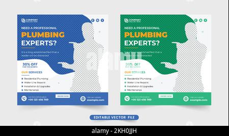 Creative plumbing business modello di progettazione promozionale con forme astratte. Handyman servizio social media marketing modello vettore. Plu professionale Illustrazione Vettoriale