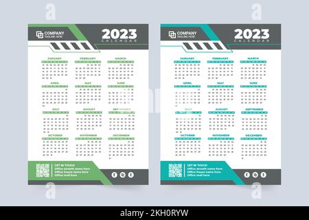 Illustrazione vettoriale del calendario annuale delle imprese per il nuovo anno 2023. La settimana inizia la domenica. 2023 calendario da parete e decorazione organizer da scrivania con blu Illustrazione Vettoriale
